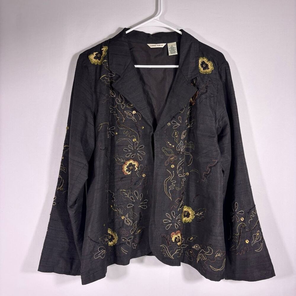 Laura Ashley Deep Brown Silk Blend Blazer with Floral Embroidery Size XL 0447